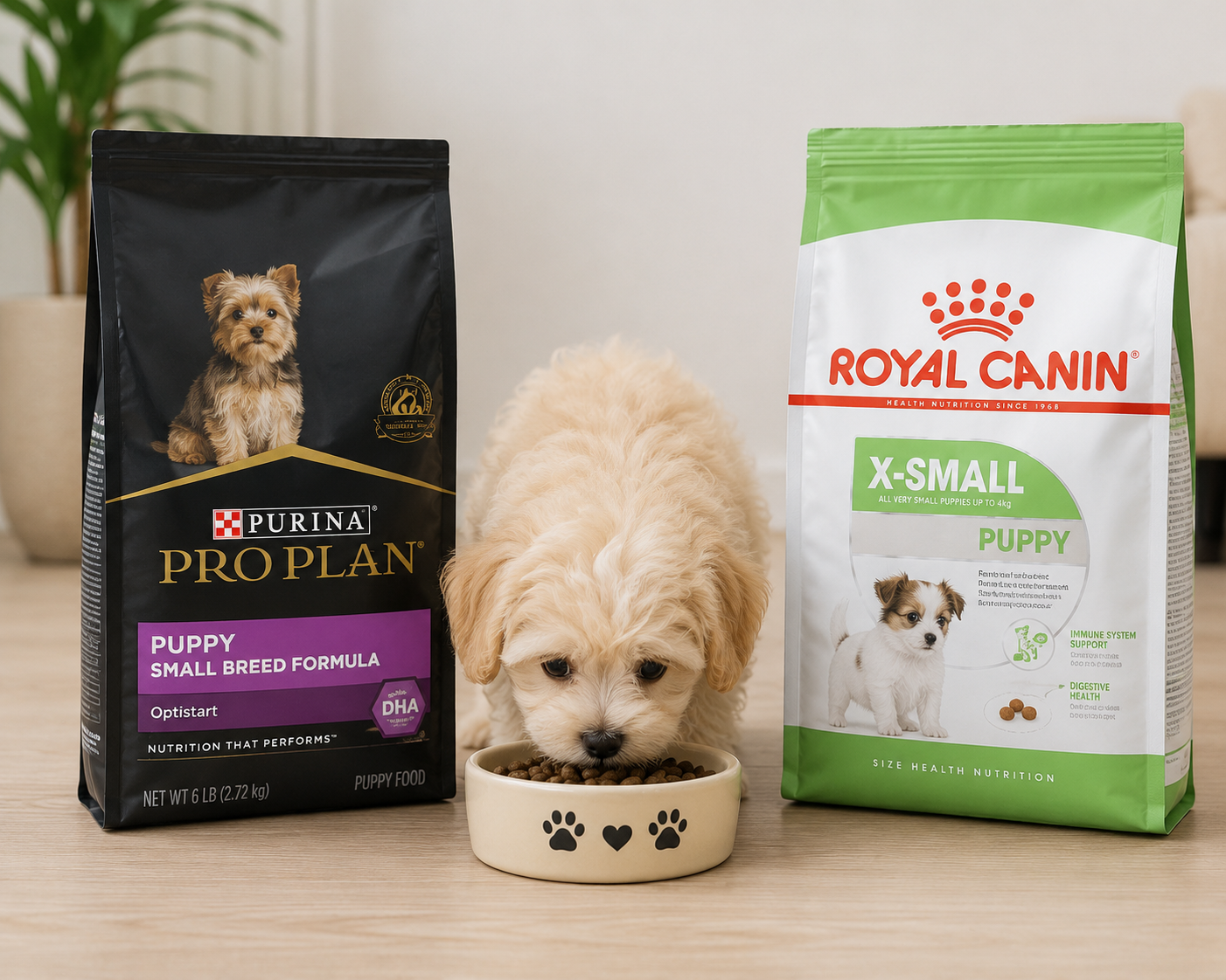 Young Maltipoo puppy eating healthy small-breed puppy food