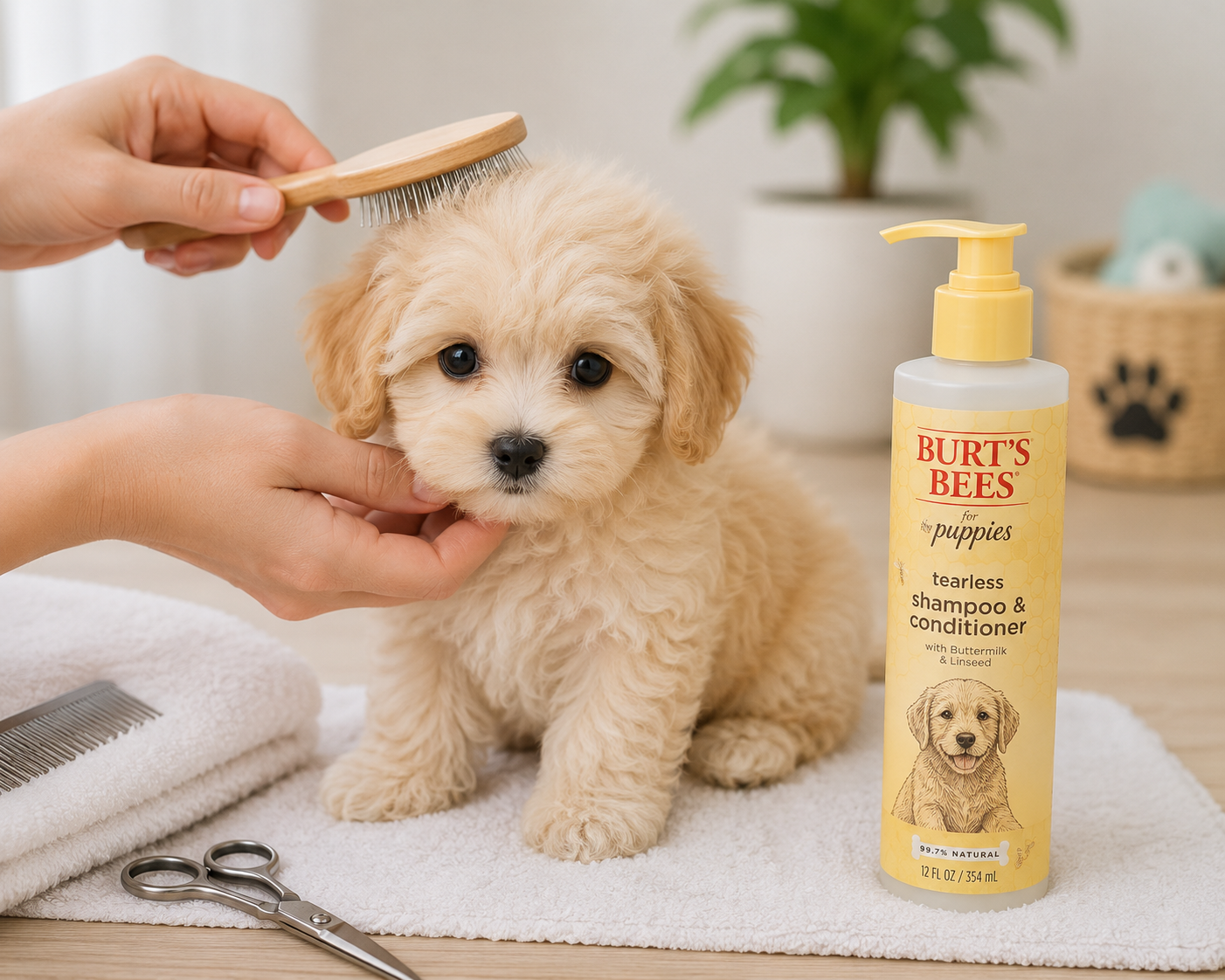 Young Maltipoo puppy receiving gentle grooming and coat care